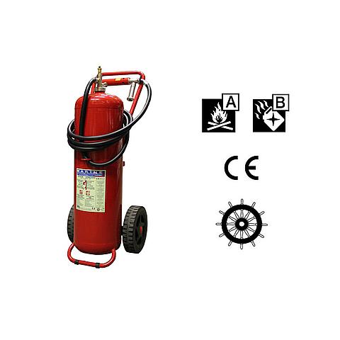 SG00266 Foam Wheeled Extinguisher 50 liters AB (cartridge) Wheeled extinguisher is designed for professional use under severe circumstances, resulting in a high level of quality and ease of use. The cylinder, CE marked, has the welded frame. Ease of mobility is achieved as a result of the large wheels with solid rubber tyres and push bar also ensuring good stability during operation.